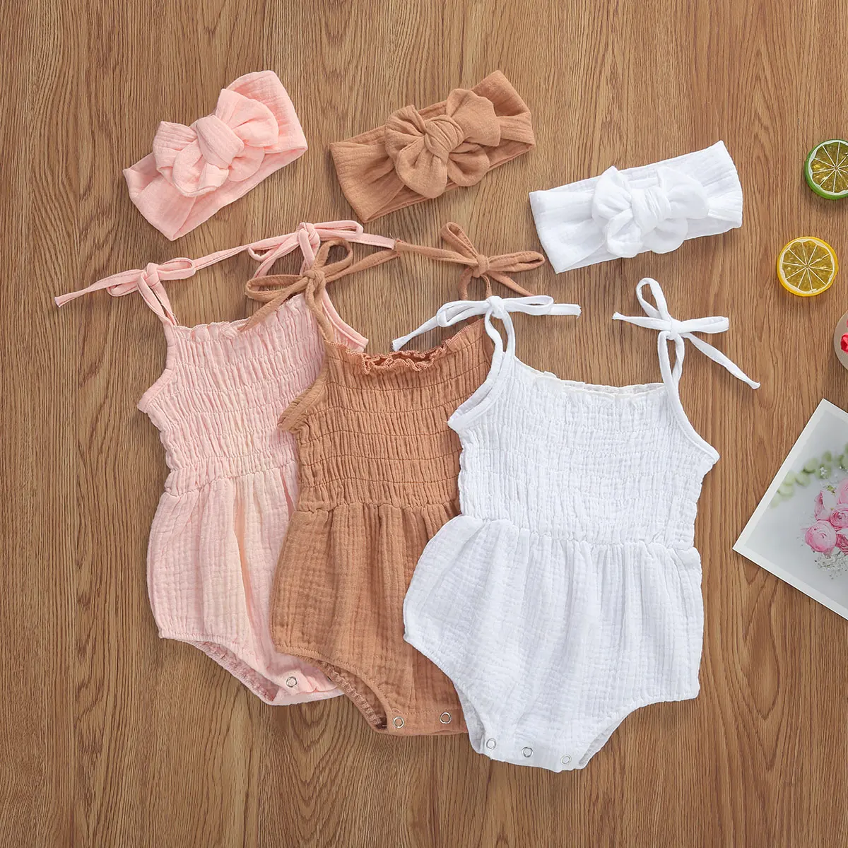 Newborn Baby Girls Cotton Linen Tie-up Bodysuits Romper Sleeveless Strap Jumpsuits+Headband 2Pcs Summer Solid Outfits Beachwear