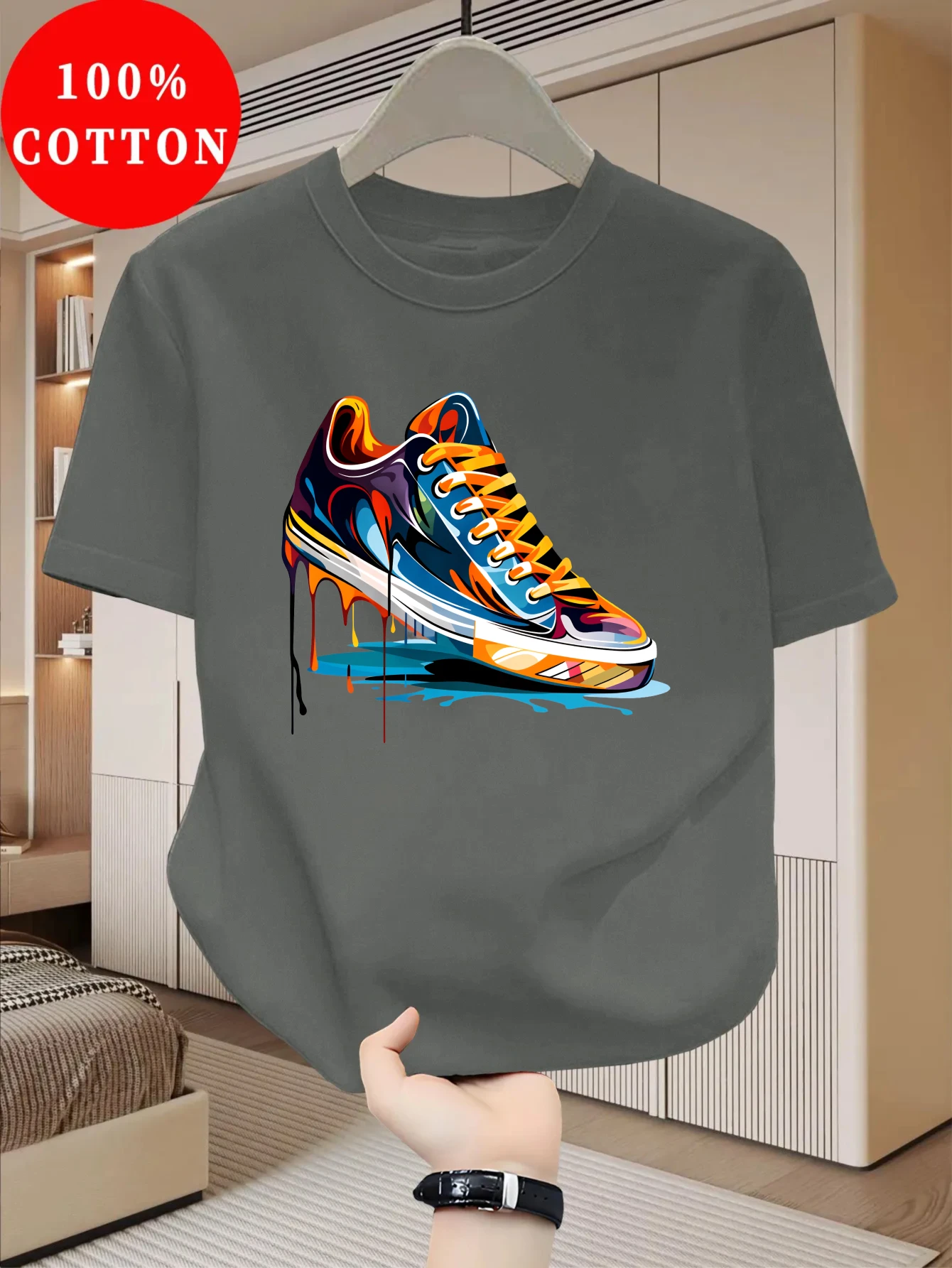 Summer Men's 100% Cotton Casual Personalized Trendy Sneakers Graffiti Printed Loose Round Neck Short Sleeve T-shirt view 4