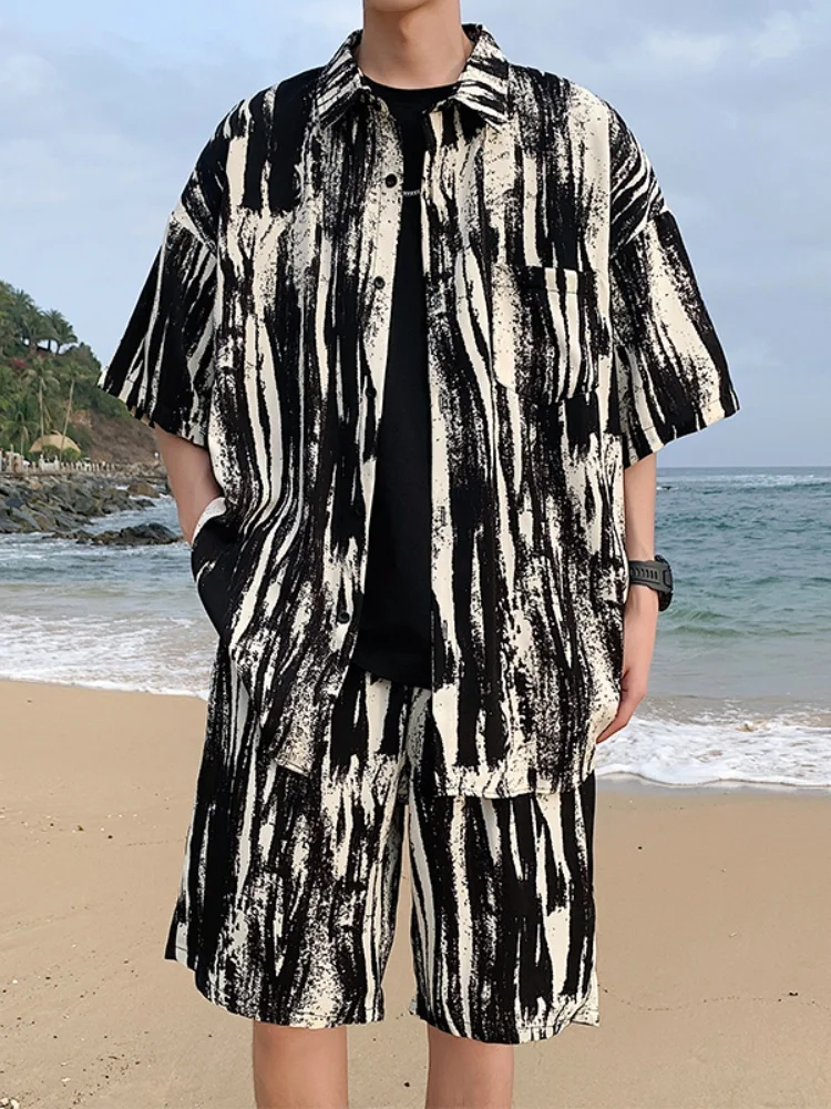 

Ice Silk ort Sve irt Men's Summer Set Beach Vaion Hawaii Beach irt Haome Men's Faion Water-Mark Tie-Dye Print