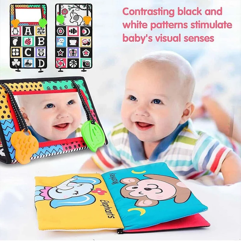 赤ちゃん用のしわクロス付きミラー玩具、フリップブック、ソフトテーザー、白黒、教育学習玩具、高コントラスト、おなかタイム