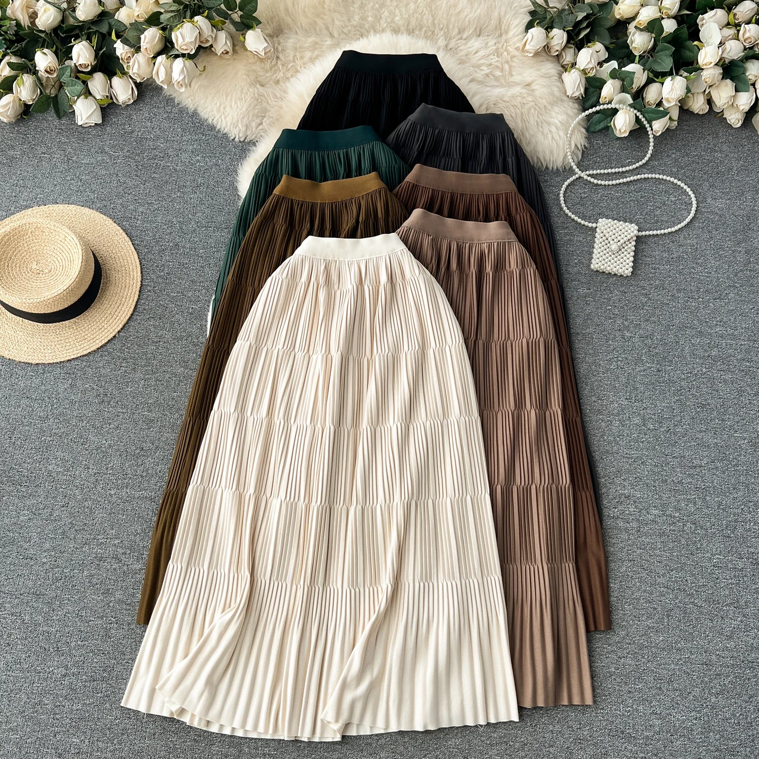 Women Chic Solid Pleated Elegant Elastic Sexy Knitted Skirt High Waist Korean Fashion Casual Vintage Autumn Winter A-line Skirt