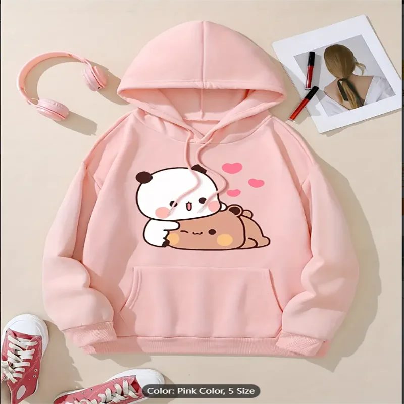 Langärmliger Kapuzenpullover mit Bären-Aufdruck, süßer Kapuzenpullover mit Bären- und Herz-Aufdruck, langärmliges Strick-Polyester-Kapuzenpullover mit Tasche