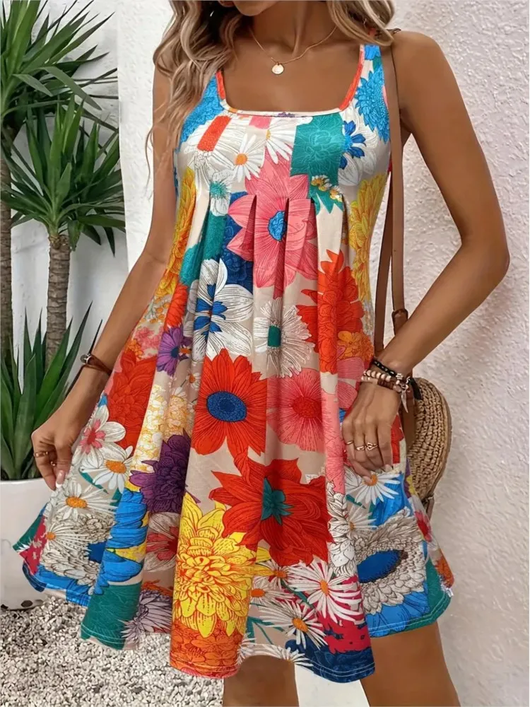 Abito da donna con stampa floreale Moda senza maniche Colletto quadrato Abiti larghi per le donne Casual Boho Holiday Beach Gonna Abbigliamento da donna