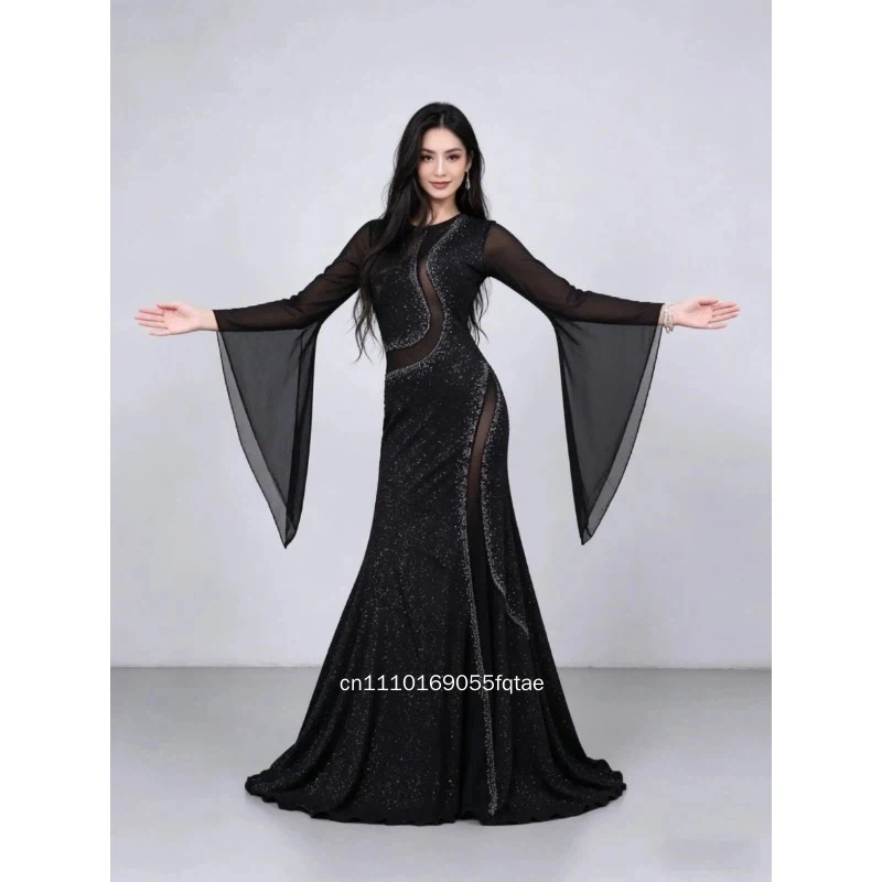 

Женское профессиональное иракское платье-халлигей в полный рост, струящееся, для танцев, с эффектом волнистых волос, для восточных танцев живота, сценический костюм