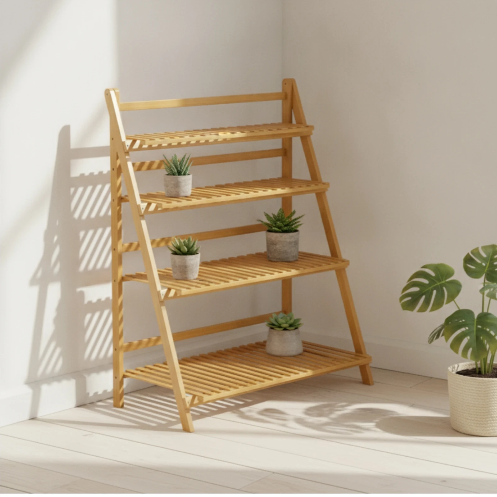 Folding Plant Stand Freestanding Flower Pot Display Shelf Planter Holder Slatted Shelving Unit Space-Saving for Gardeners