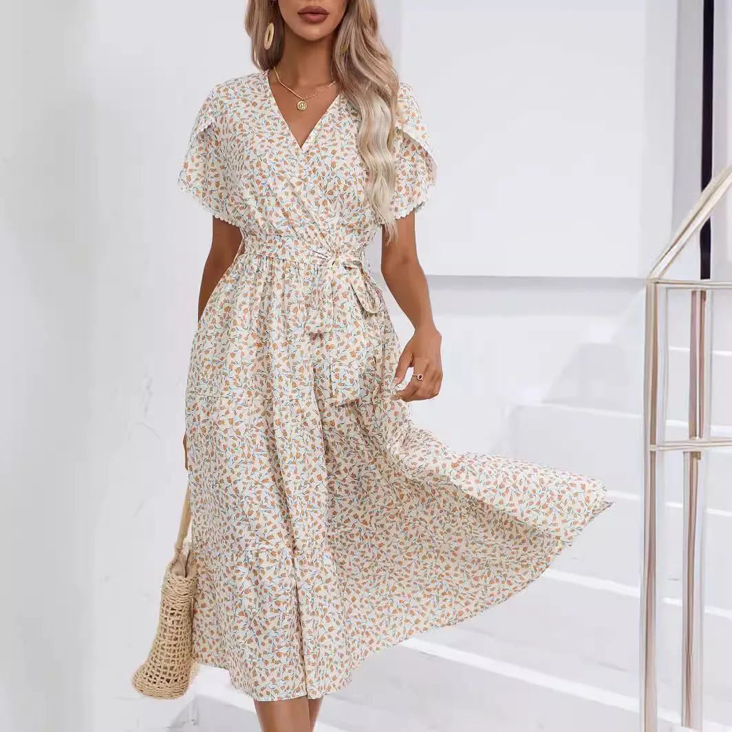 

2025 Summer New Color Flower Print V-neck Waist Dress, Women's Vacation Beach Dress, Fashion Pleated Skirt Slimming Clothes