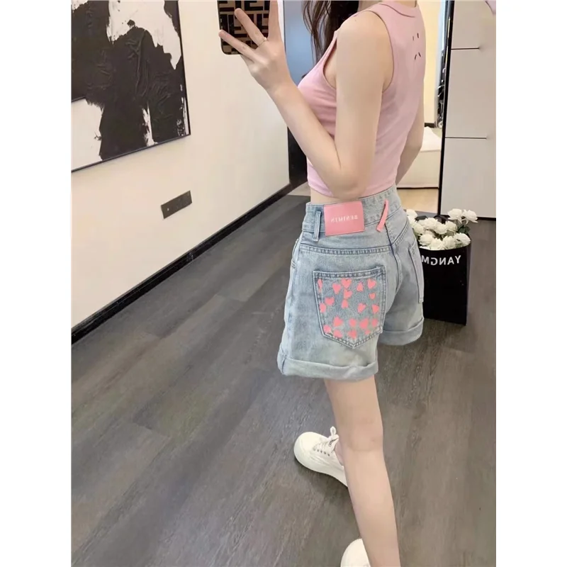 Retro High Waist Slimming Denim Shorts Women Summer Loose Straight Cut Versatile A-Line Cuffed Wide Leg Hot Pants