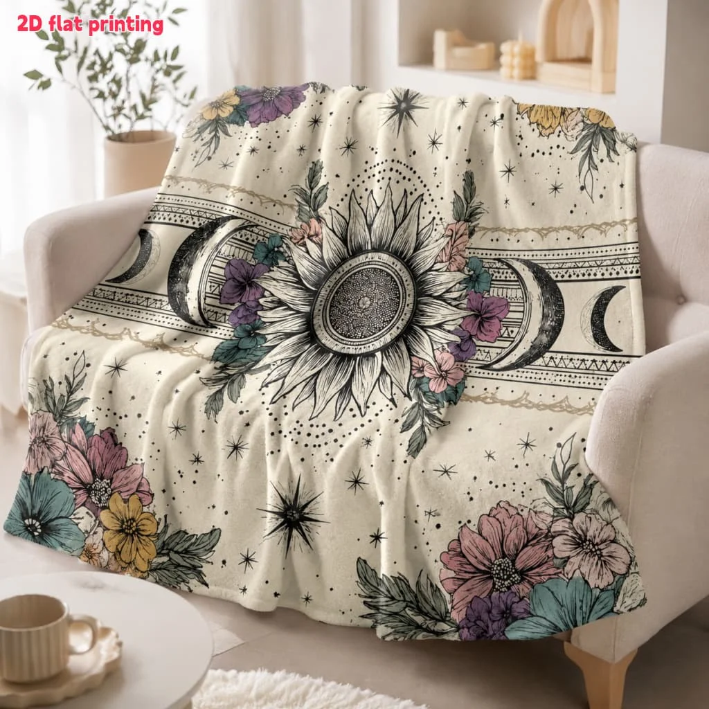 Luxurious Boho Floral Botanical Sun Print Throw Blanket Cozy Decorative Fleece Throw for Sofa Bed Boho Home Decor Gifts