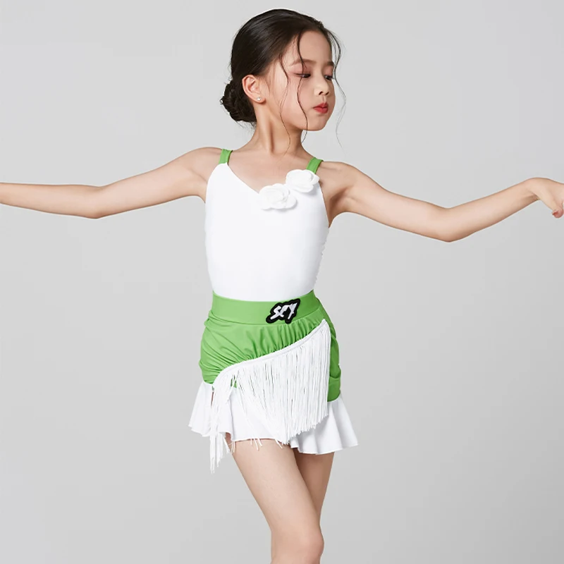 Children'S Latin Dance Competition Costumes Girls White Latin Top Fringed Skirt Kids Performance Latin Dancing Dresses XS6835