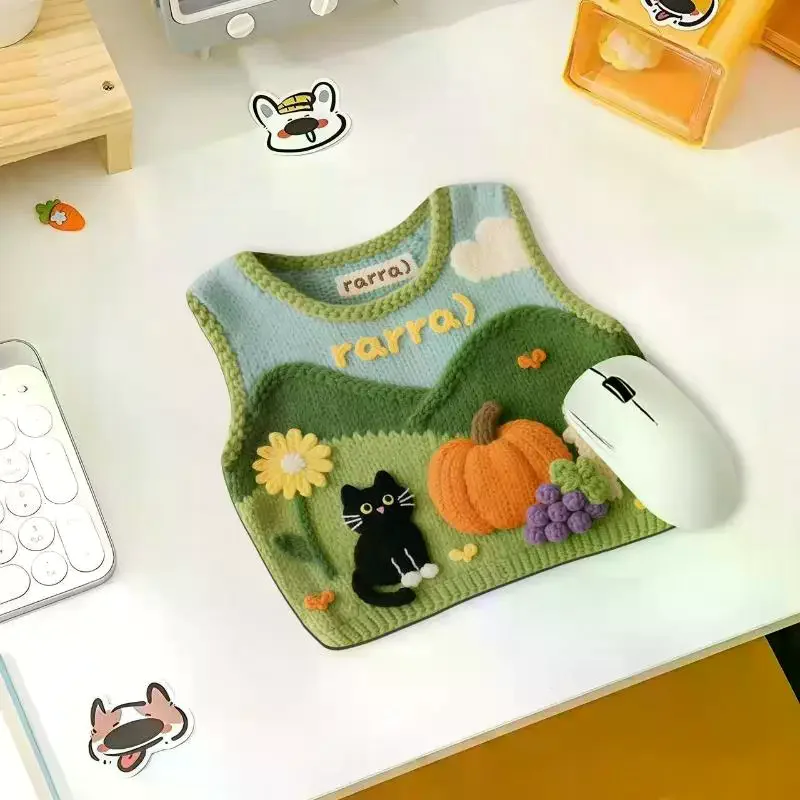 Knitted Mouse Pad With Cute 3D Cat Pumpkin Pattern Non Slip Base For Home Office Desk Aesthetic Decor