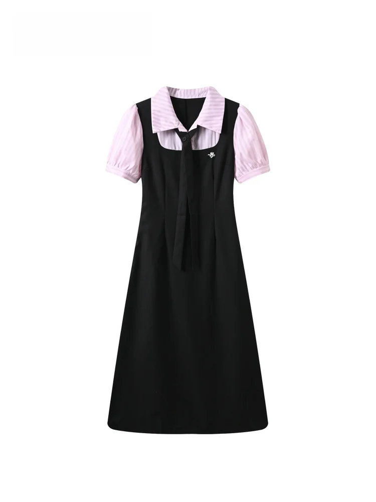 

CaraCLUB plus Size Short Sleeve Dress Women's Summer New Style Plump Sister College Style Midi Fake Two-Piece Long Skirt