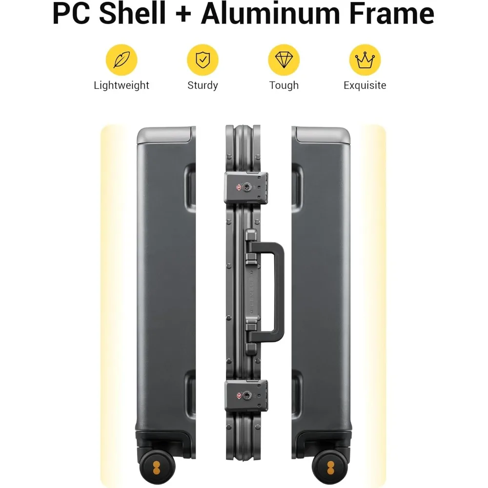 LEVEL8 حقيبة حمل بدون سحاب على الأمتعة معتمدة من شركة الطيران بإطار من الألومنيوم، حقيبة ذات هيكل صلب مع عجلات دوارة، فحص معدني