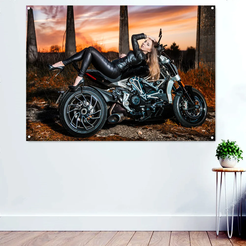 

Locomotive Motorcycle Girl Posters & Prints For Boys Room Banner Wall Art Flag Pub Club Man Cave Bar Garage Wall Decor Painting