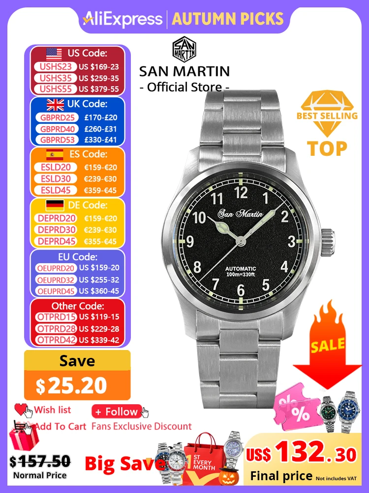 San Martin Men Pilot Watch 37mm Quartz Watch Military Field Watch Simple Style RONDA 715/6004 Wristwatch 10 Bar Luminous SN0034