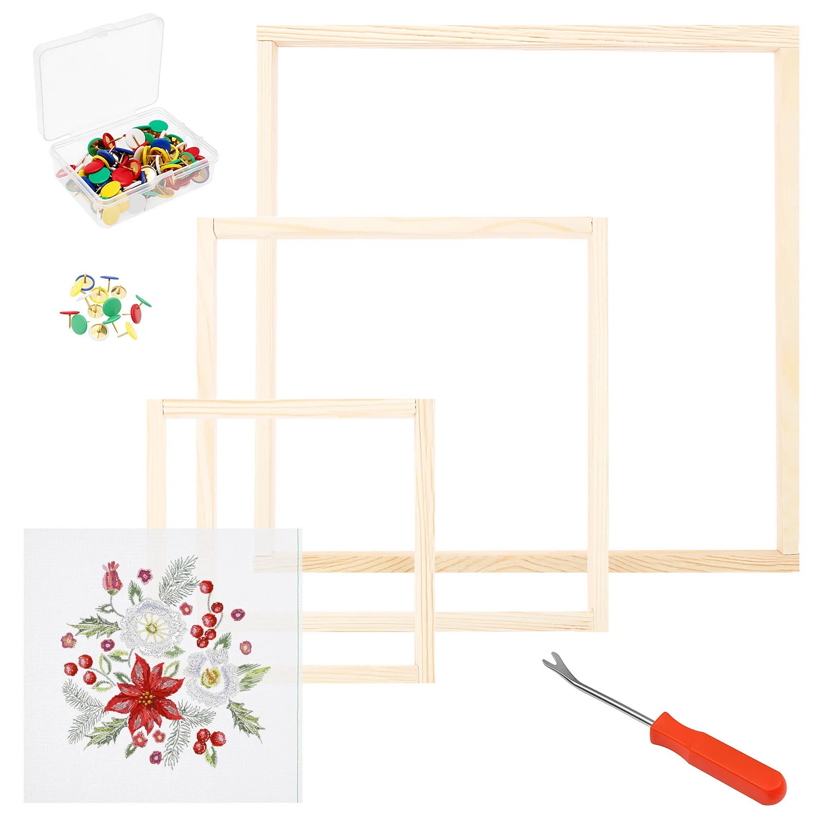Nadelkunst-Spannrahmen-Set in 3 Größen, Leinwand-Spleißspannrahmen mit Reißzwecken und Reißzweckenentferner für Nadelarbeit und Stoffdekoration