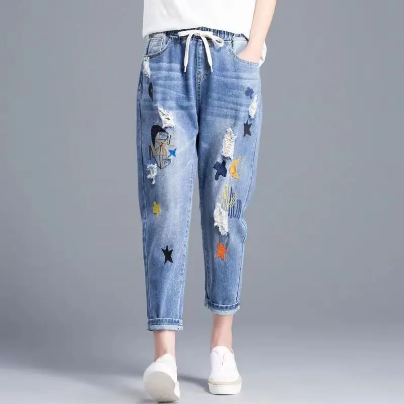 Women's Retro Embroidered Jeans Baggy High Waist Harem Pants Loose Elastic Waist Denim Trousers Spring Casual Nine Points