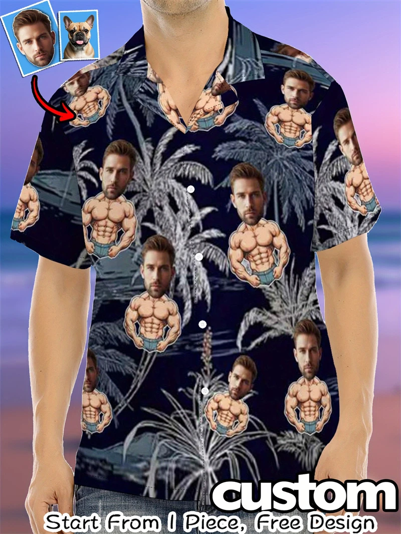 

Custom Face Muscle Hawaiian Man Women Shirts Personalized Photo Pet Print Tropical Sunset Palm Tree Button Down Beach Clothes