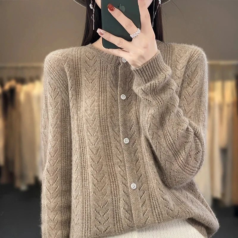 

Round Neck Cardigan for Women, 100% Merino Wool Apparel, Casual Loose Knitted Hollow Top, Spring and Autumn Fashion, New Product