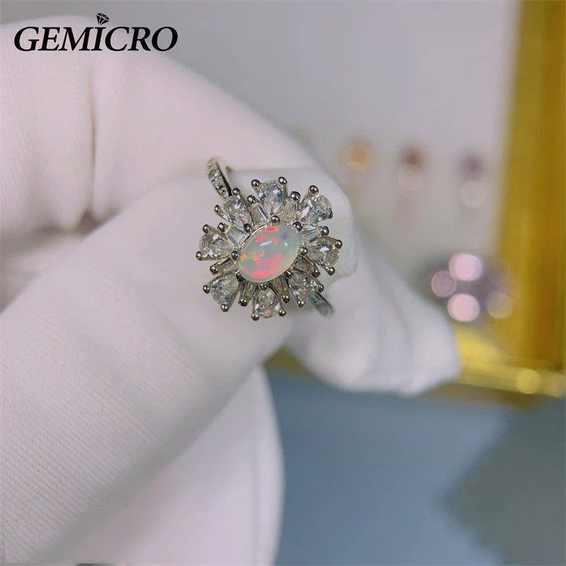 Gemicro 925 Sterling Silver Jewelry with 4*6mm Natural White Opal Stone for Women and Men Ring as Party Wear Wedding Couple Gift