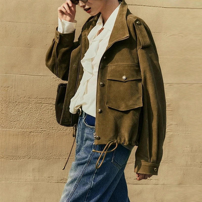 100% vera pelle da donna colletto alla coreana pelle di pecora smerigliata giacche corte tasche stile safari manica lunga con coulisse giacche Femme