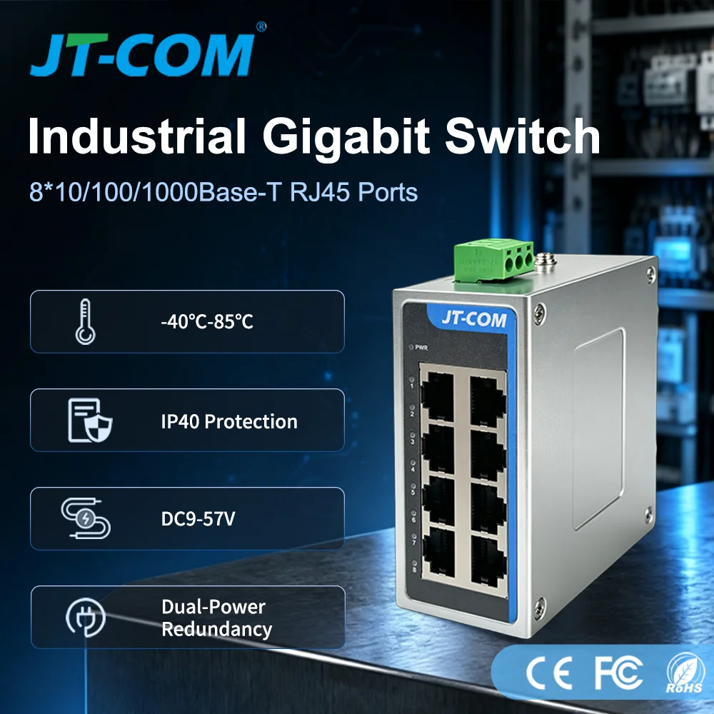 8 Port Mini Gigabit Industrial Switch 1000Mbps Industry Ethernet Switch DIN Rail Mounted Plug and Play IP40 Protection DC9-57V