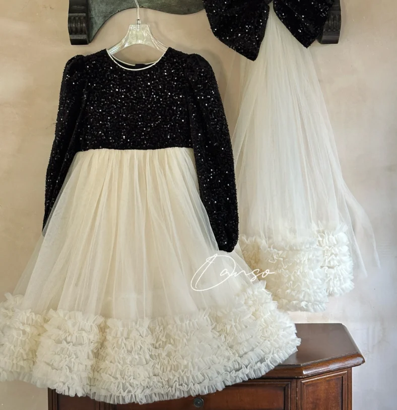 New Baby Fall Long Sleeve Black Velour  Mesh Dress, Princess Kids Fashion Party Dresses 3-8 T
