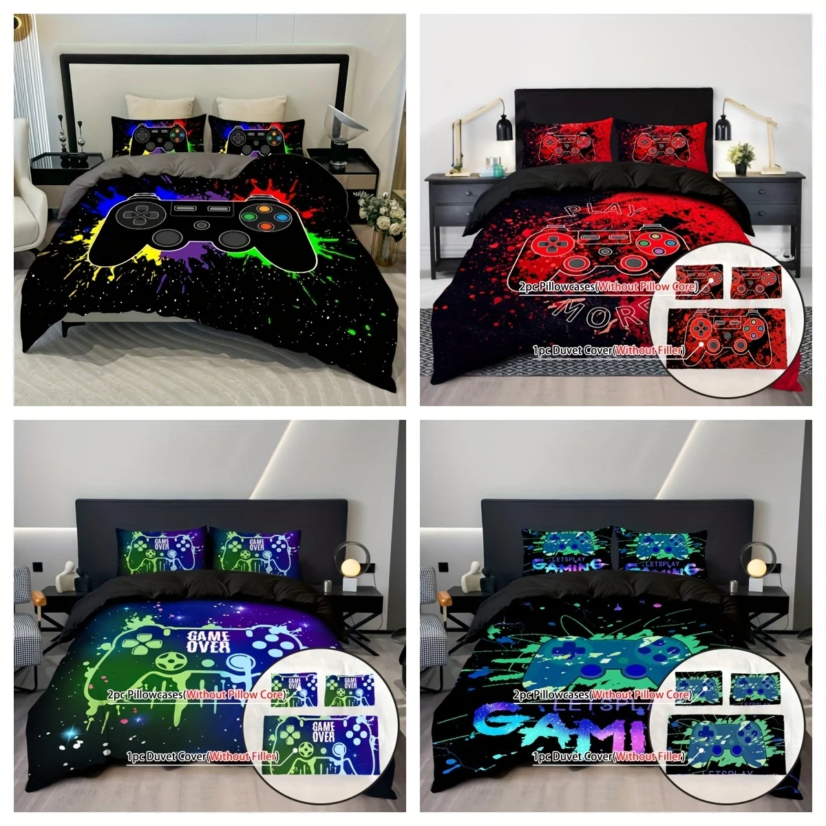 3pcs Game Console Controller Duvet Cover,Duvet Cover*1+Pillowcases*2,Bedroom Decoration Comfortable Soft Fabric,No Pillow Core