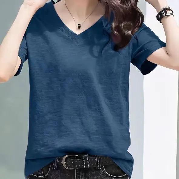 100% Pure Cotton Bamboo Rayon Short Sleeve Women's T-shirt Loose Fit Half Sleeve V-neck Top Comfortable Breathable Summer Shirt