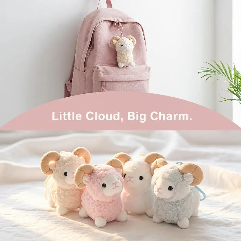 Cute Plush Sheep Keychain Cartoon Stuffed Animal Pompom Trinket for Bag Car Pendant Gift