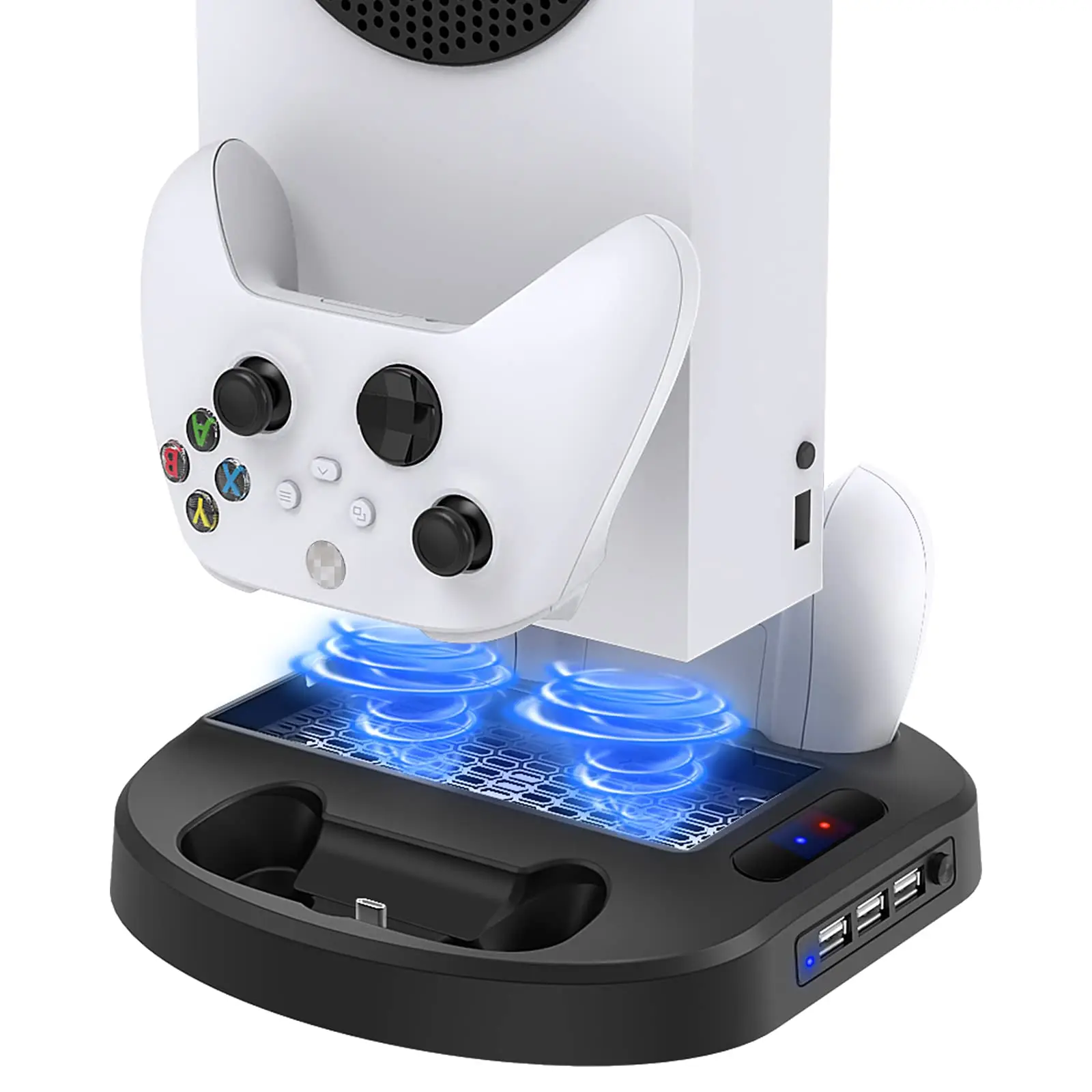 Vertical Charging Stand for Xbox Series S Controllers with Cooling Fan Charger Dock Station with LED Indicator and 3 USB Hubs