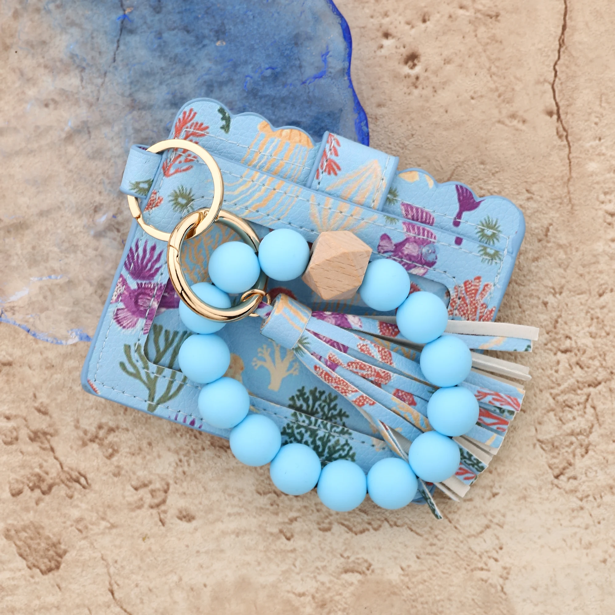 محفظة صغيرة للسيدات مع جلد مطبوع عليه فطر قنديل البحر المحيطي، يمكن استخدامها مع سلسلة مفاتيح من خرز السيليكون وحقيبة بطاقات جلدية #3