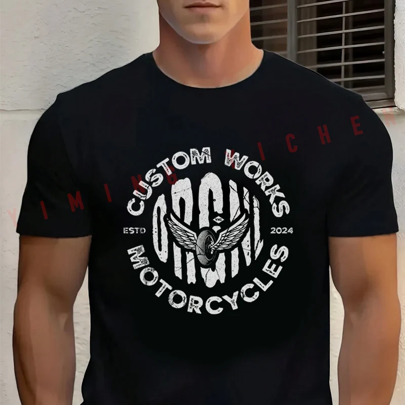 

Men's Black Custom Works Motorcycle Graphic Design Cotton T-Shirt New Men's Casual O-neck Short Sleeve Tees