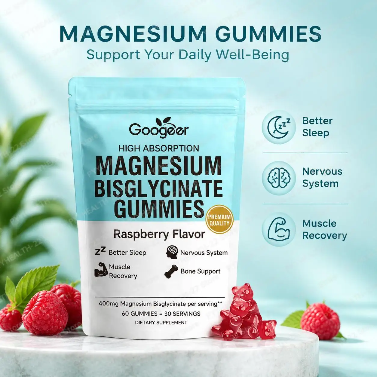 Magnesium Bisglycinate Gummies, with Vitamin D3 Zinc, Support Sleep, Nervous System Muscle Recovery, Raspberry Flavor 60 Gummies