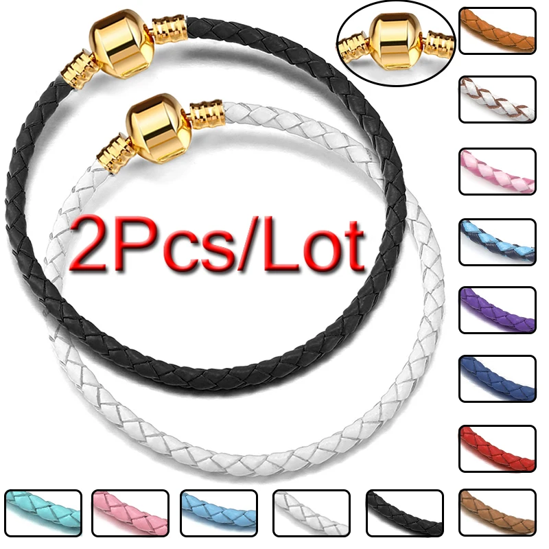 2Pcs/Lot Leather Chain Charms Bracelets Fit DIY Beads Mens Womens Bracelet Bangles Couples Pulsera Vintage Jewelry Bijoux Gifts