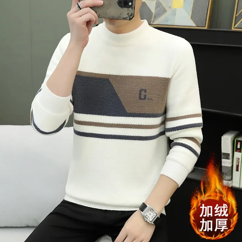 Winter Add Velvet Thick Men's Sweater Color Blocked Striped Jacquard Knitted Pullovers Crew Neck Sweaters Social Men Clothing