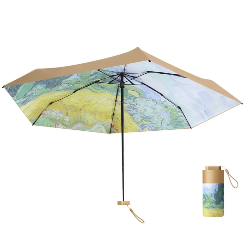 Oil Painting Umbrella Folding Umbrella 6 Ribs Travel Umbrella Sun Protections Parasol Rain & Sun Umbrella for Women Girl