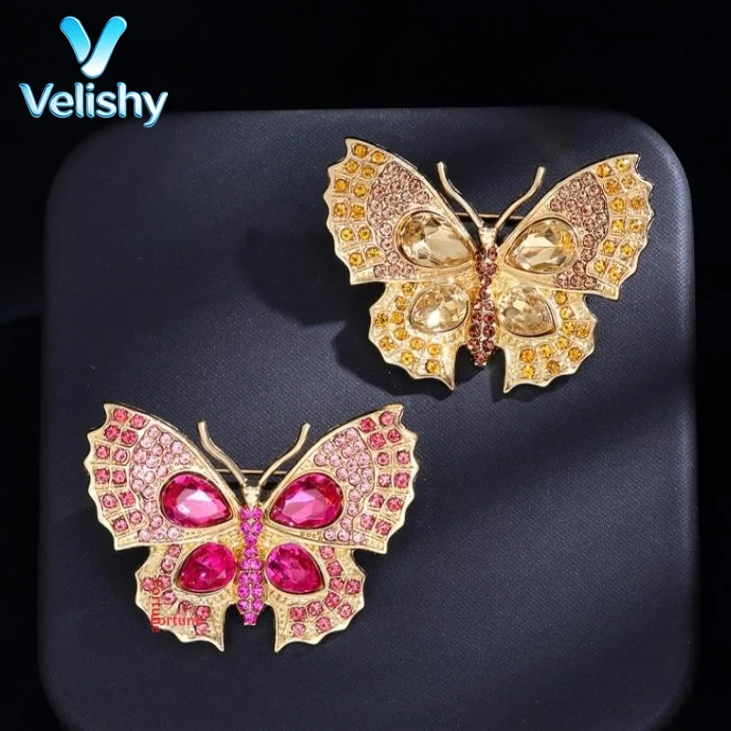 Luxury Rhinestone Butterfly Brooch Elegant Women Green Crystal Insect Lapel Badge Pins For Suit Scarf Clothes Decor Accessories
