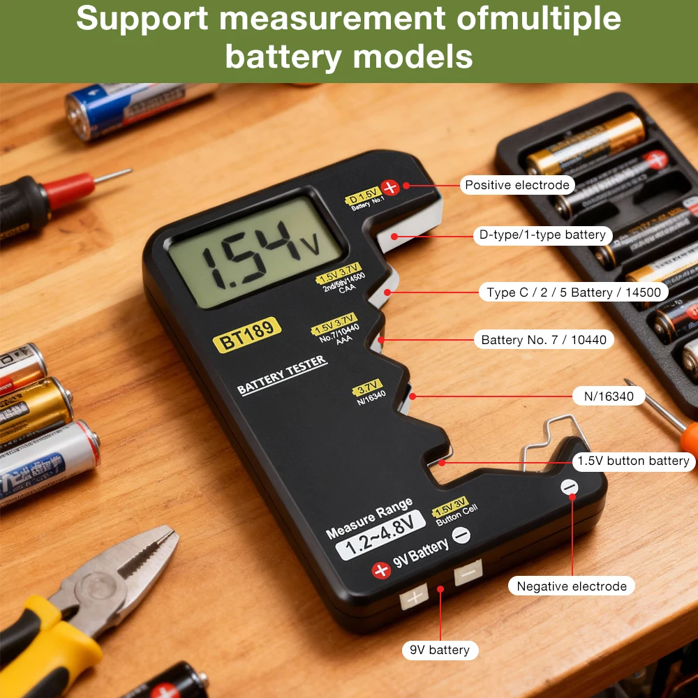 BT189 Battery Level Detector Universal Battery Tester C D AA AAA 9V Button Cell Meter Visual Display Battery Testing Tester Tool