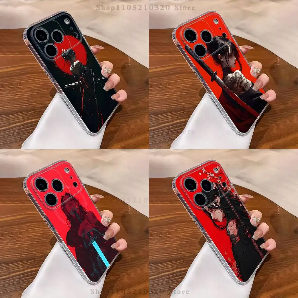 

Japanese female samurai Phone Case For iPhone 16,15,17,12,13,14,11 Max,Pro,Plus,X,XS,XR,SE4,E Mini Transparent Cover