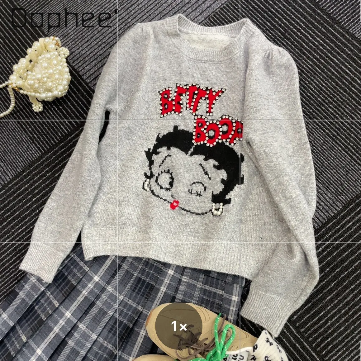 Autumn Korean Version of Retro Heavy Industry Beads Cartoon Jacquard Pullover Knitted Top Long Sleeve Knitted Sweater Women