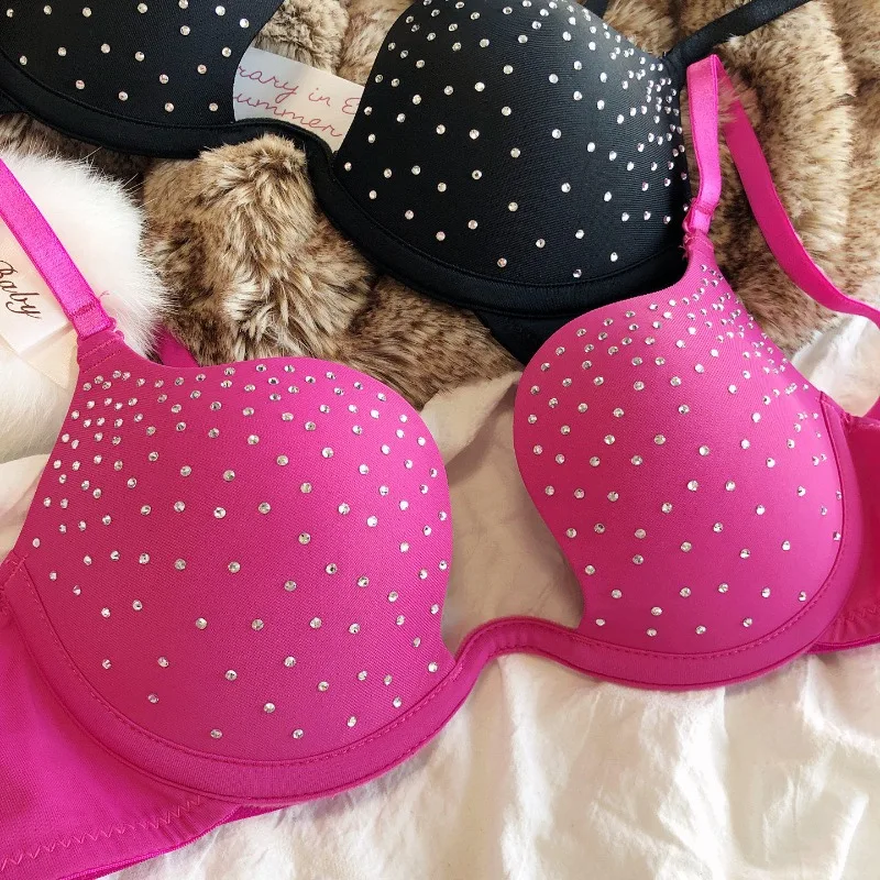 

customized Rhinestone hot stamping sexy gathering U-shaped soft steel ring gathering underwear set belly dancing bra