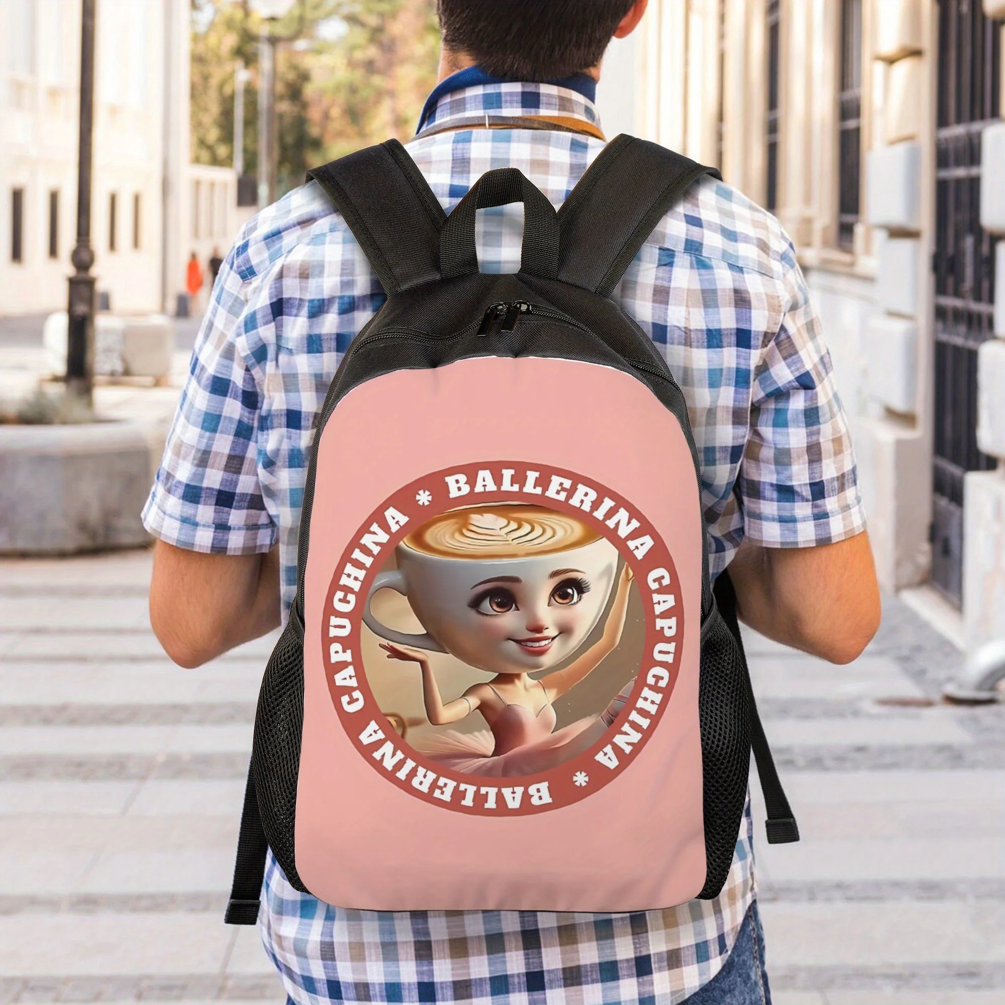 Ballerina Cappuccina Backpack Whimsical Coffee Cup Design, Large Capacity Durable School Bag with Zipper Closure