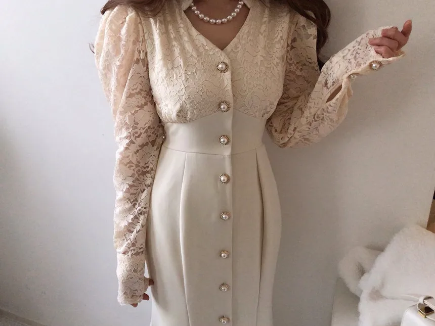 Ladies Elegant Button Up Lace Patchwork Trumpet Long Dresses Women Spring Autumn Winter Fashion Vintage Puff Sleeve Party Dress