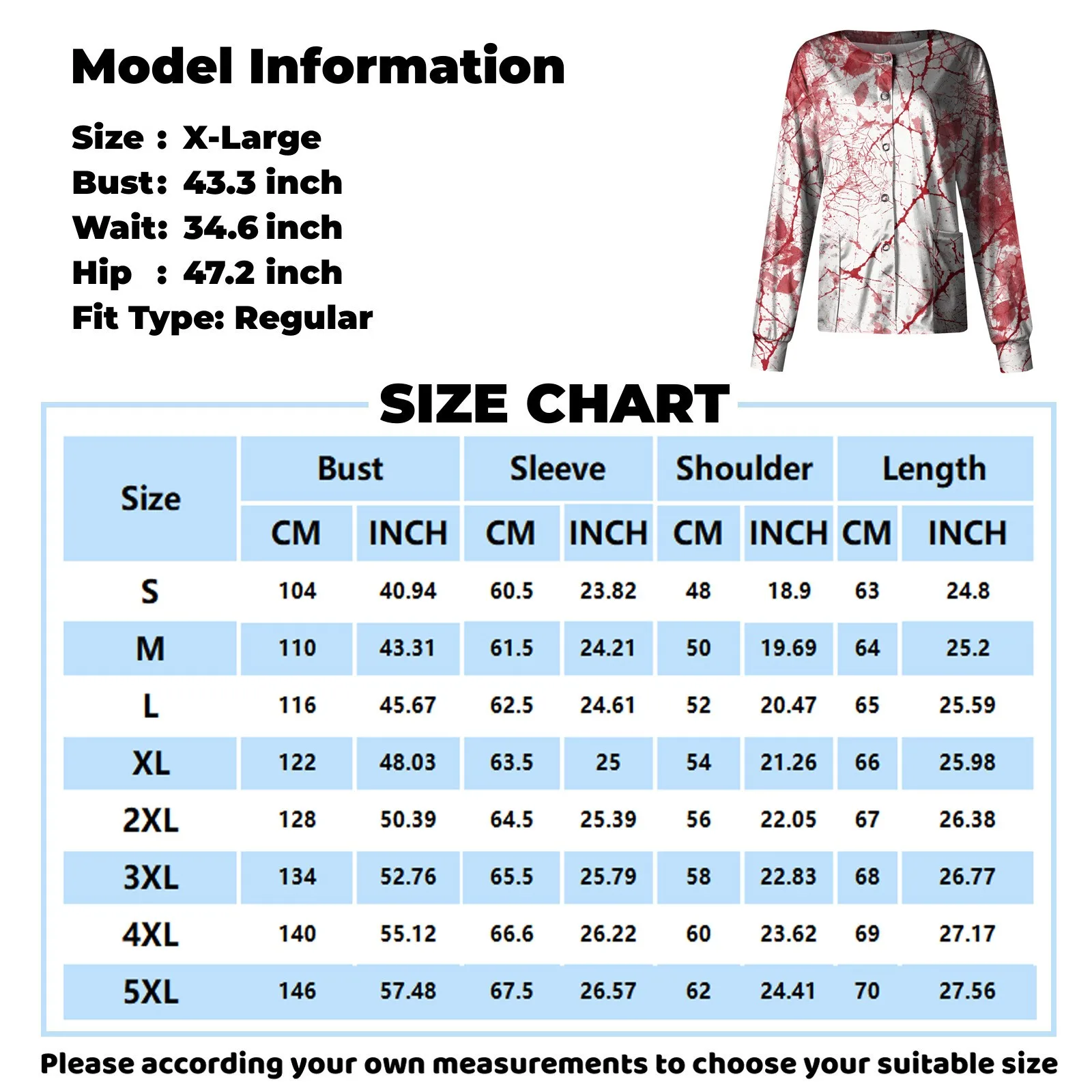 Jaket Overall Pelindung Berkerah Tunggal Motif Halloween untuk Wanita, Lengan Panjang, Berkantong, Seragam Kerja Perawat