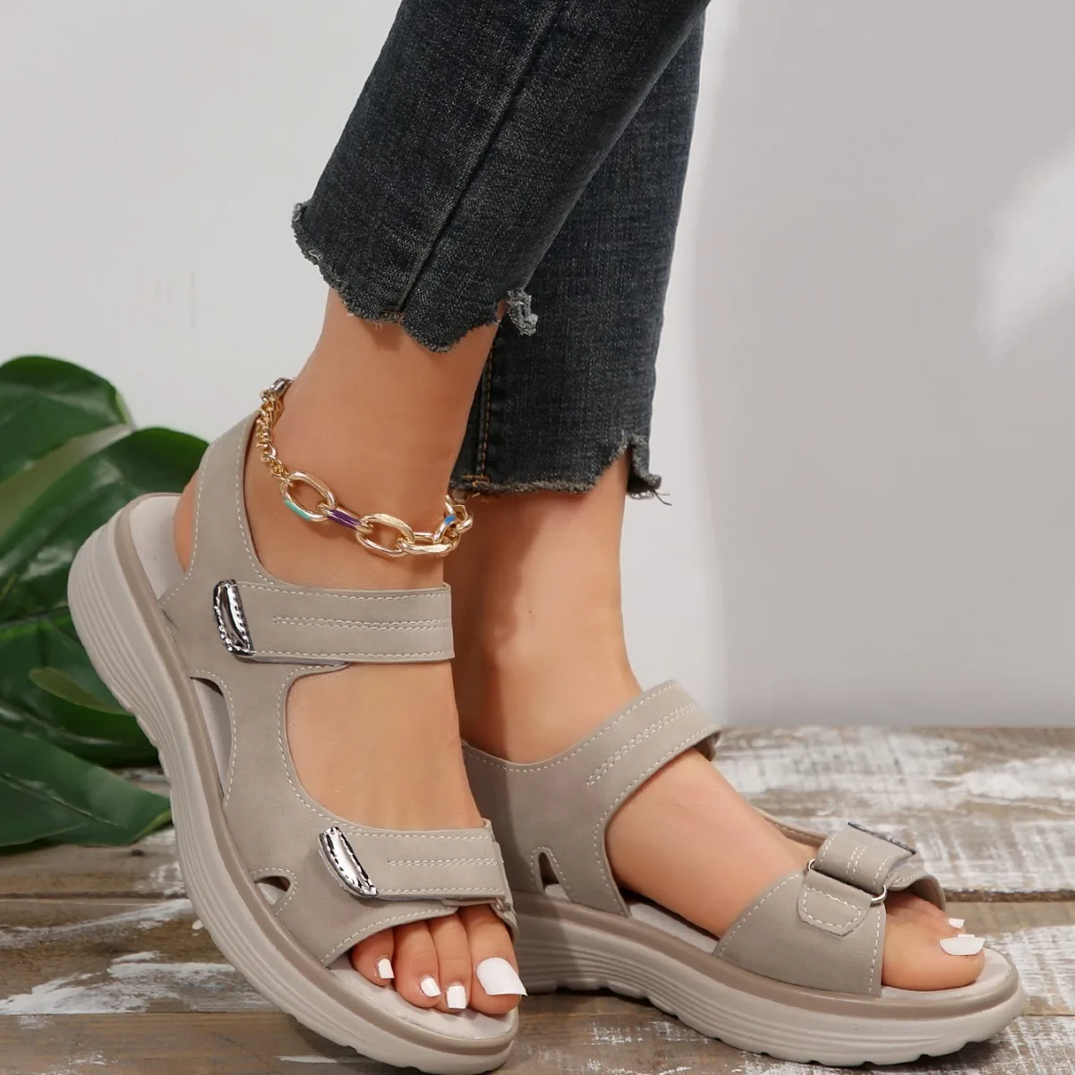 

Women's Solid Color Casual Sandals, Platform Ankle Buckle Soft Sole Walking Wedge Shoes, Slingback Summer Shoes