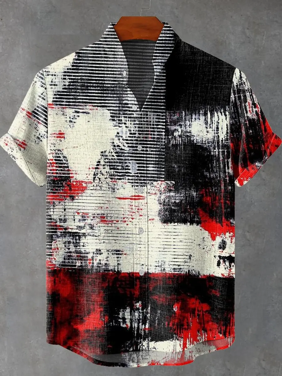 قميص رجالي كاجوال فضفاض مطبوع عصري جديد، قميص كتان عصري خفيف الوزن وجيد التهوية مناسب للسفر في الهواء الطلق