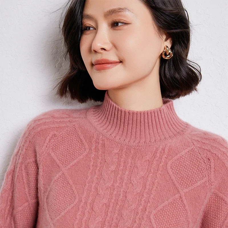 Damen-Pullover aus Wolle für den Herbst, langärmeliger, halbhoher Ausschnitt, Strickmuster-Pullover, lockeres und weiches, hochwertiges Oberteil