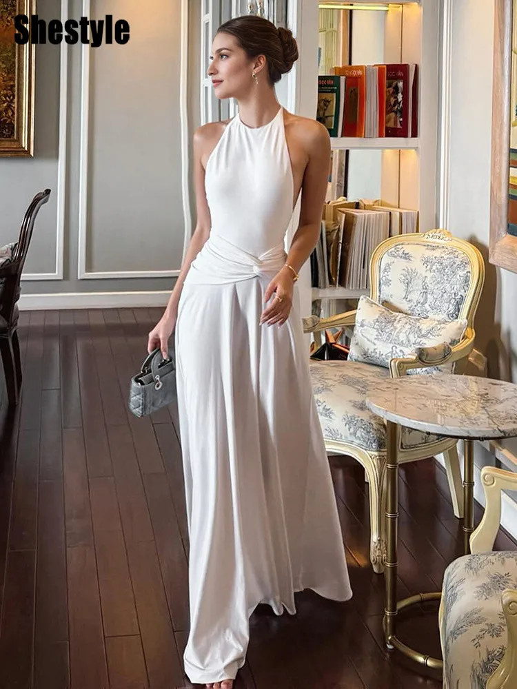 

Shestyle Women Partwear Long White Dress Sleeveless Flare Floor Length Backless Elegant Grace Crew Neck Soft Outfits Waistband