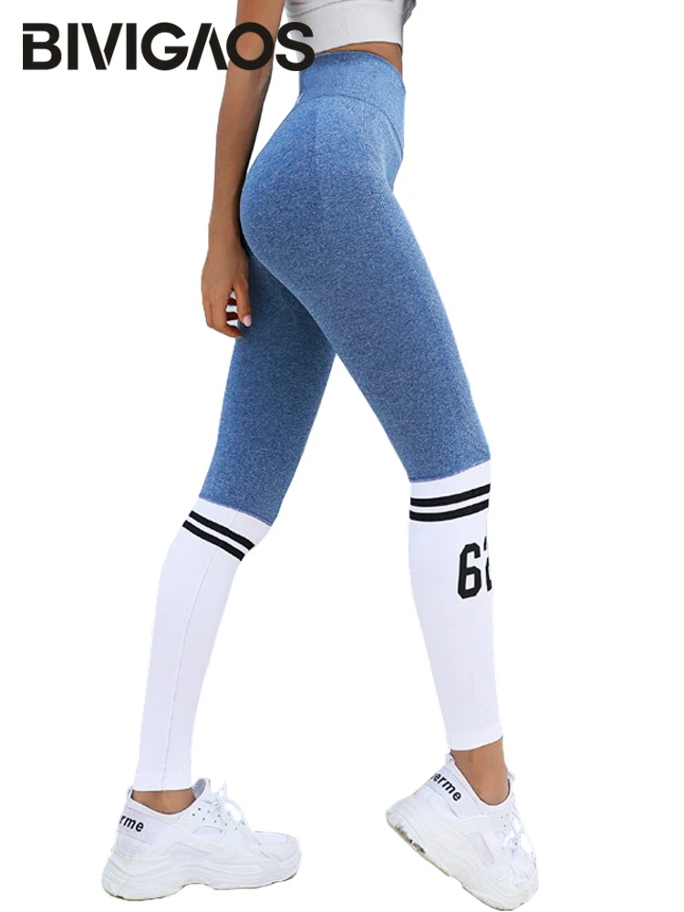 BIVIGAOS Women Contrast Color Hip Lift Fitness Leggings Sexy Running Sports Leggings High Waist Elastic Workout Leggings Push Up