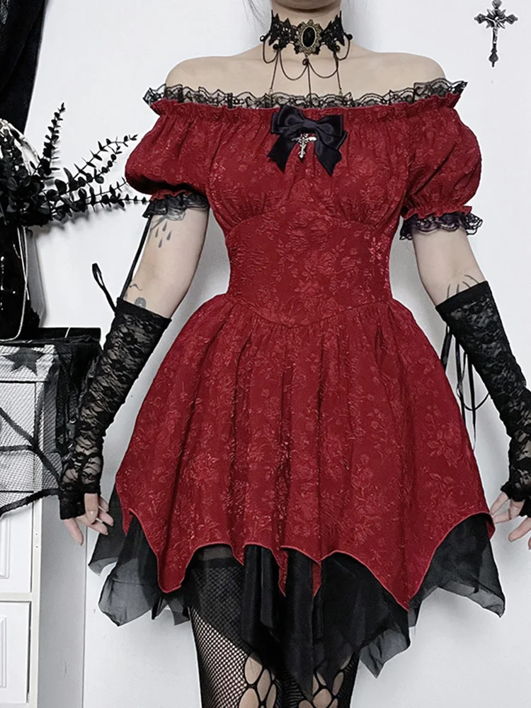 AltGoth Dark Academia Gothic Dress Women Harajuku Streetwear Fairycore Grunge Lace Patchwork Puff Sleeve High Waist Dress Female